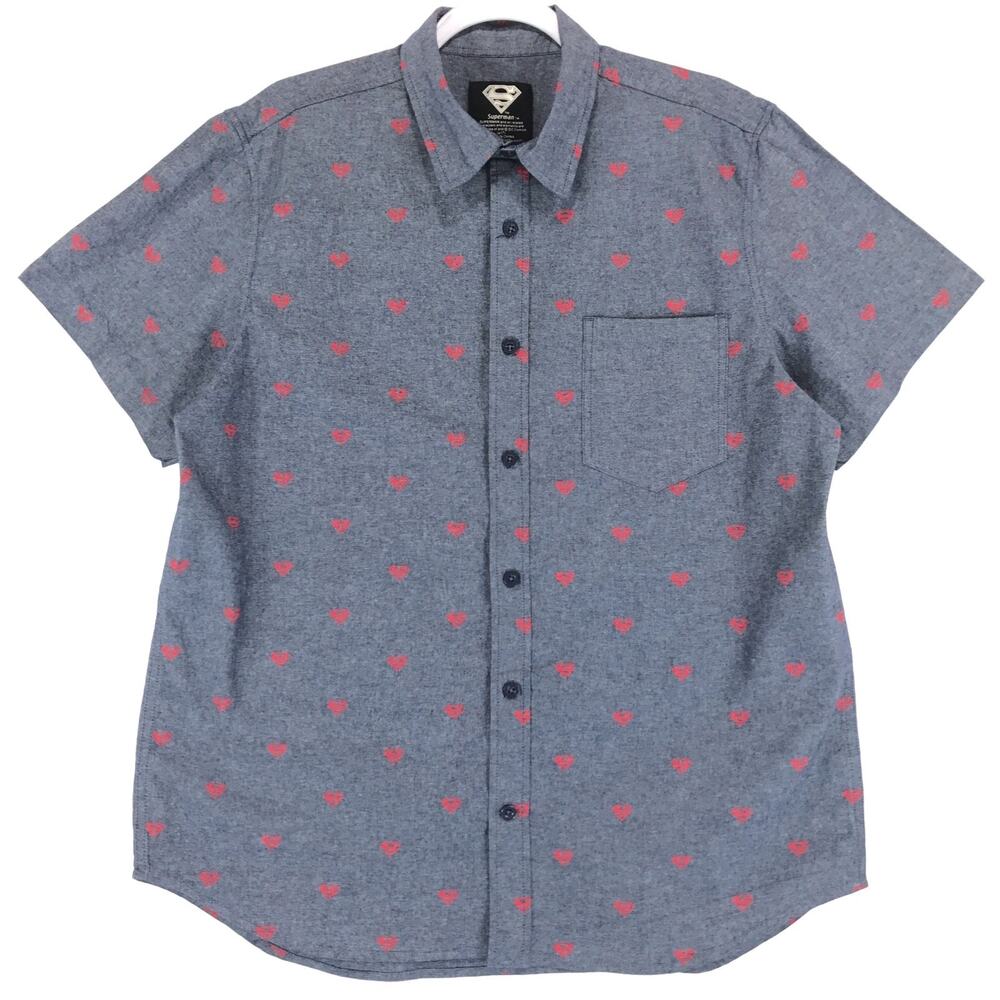 Superman Men's L Chambray Superman Shirt Blue Red Cotton 1 Pocket Short Sleeve